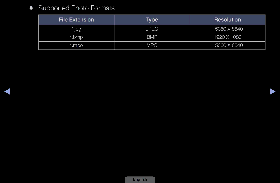 Samsung UA46EH6030MXSQ, UA32EH4003MXSQ, UA40EH6030MXSQ, UA39EH5003MXSQ manual Supported Photo Formats 