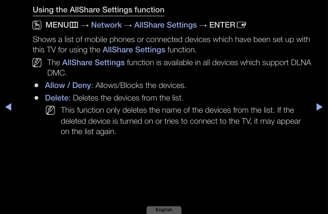 Samsung UA40EH6030MXSQ, UA46EH6030MXSQ, UA32EH4003MXSQ, UA39EH5003MXSQ manual Using the AllShare Settings function 