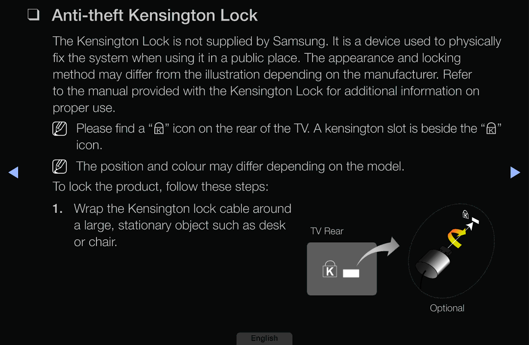 Samsung UA39EH5003MXSQ, UA46EH6030MXSQ, UA32EH4003MXSQ, UA40EH6030MXSQ manual Anti-theft Kensington Lock, Or chair 