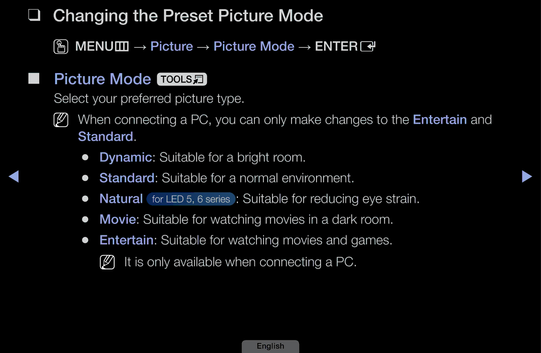 Samsung UA32EH4003MXSQ, UA46EH6030MXSQ Changing the Preset Picture Mode, Picture Mode t, Suitable for reducing eye strain 