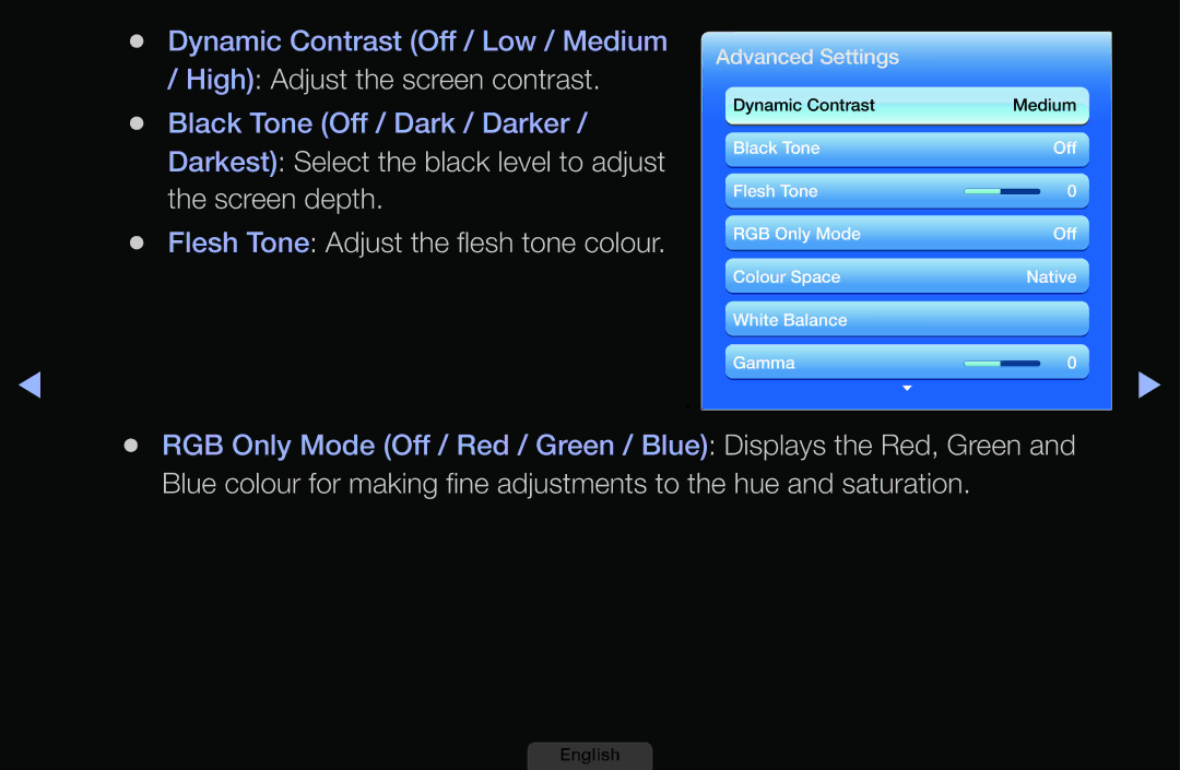 Samsung UA32EH4003MXSQ, UA46EH6030MXSQ manual High Adjust the screen contrast, Flesh Tone Adjust the flesh tone colour 