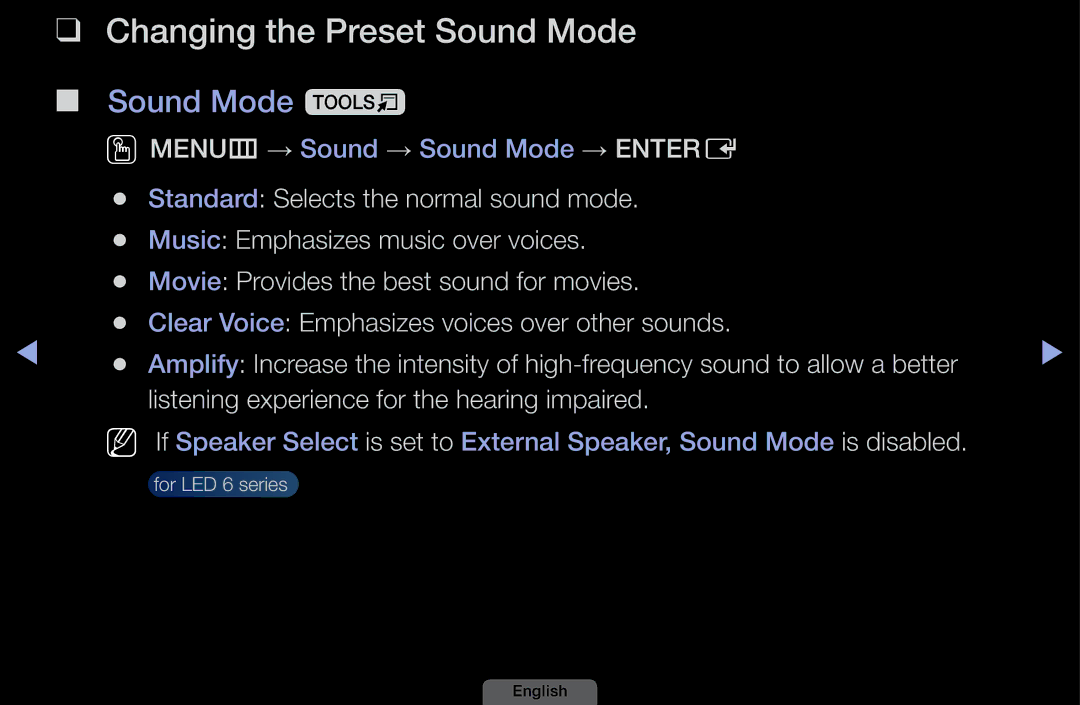 Samsung UA40EH6030MXSQ, UA46EH6030MXSQ, UA32EH4003MXSQ, UA39EH5003MXSQ manual Changing the Preset Sound Mode, Sound Mode t 