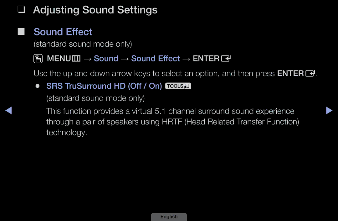 Samsung UA39EH5003MXSQ, UA46EH6030MXSQ, UA32EH4003MXSQ Adjusting Sound Settings, Sound Effect, Standard sound mode only 