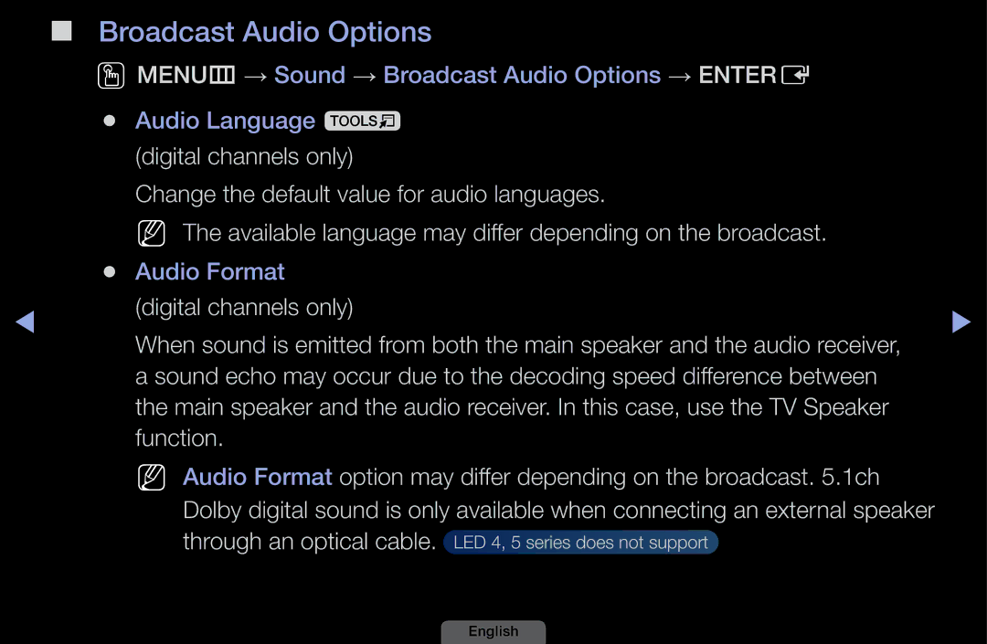 Samsung UA32EH4003MXSQ, UA46EH6030MXSQ, UA40EH6030MXSQ, UA39EH5003MXSQ manual Broadcast Audio Options 