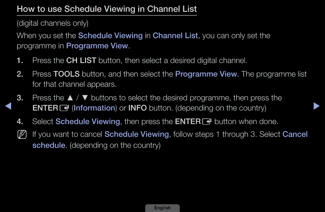 Samsung UA32EH4003MXSQ, UA46EH6030MXSQ, UA40EH6030MXSQ, UA39EH5003MXSQ manual How to use Schedule Viewing in Channel List 