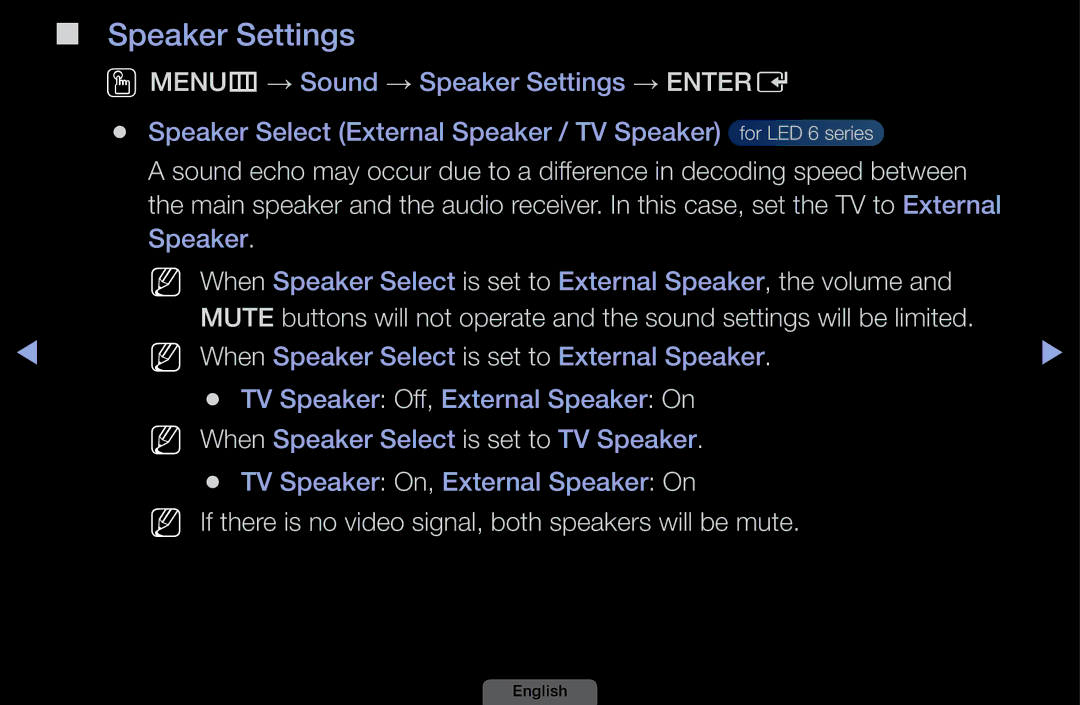 Samsung UA40EH6030MXSQ, UA46EH6030MXSQ manual Speaker Settings, NN If there is no video signal, both speakers will be mute 