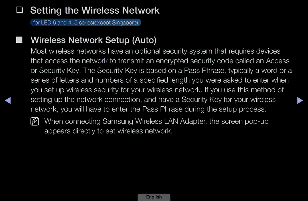 Samsung UA46EH6030MXSQ, UA32EH4003MXSQ, UA40EH6030MXSQ manual Setting the Wireless Network, Wireless Network Setup Auto 