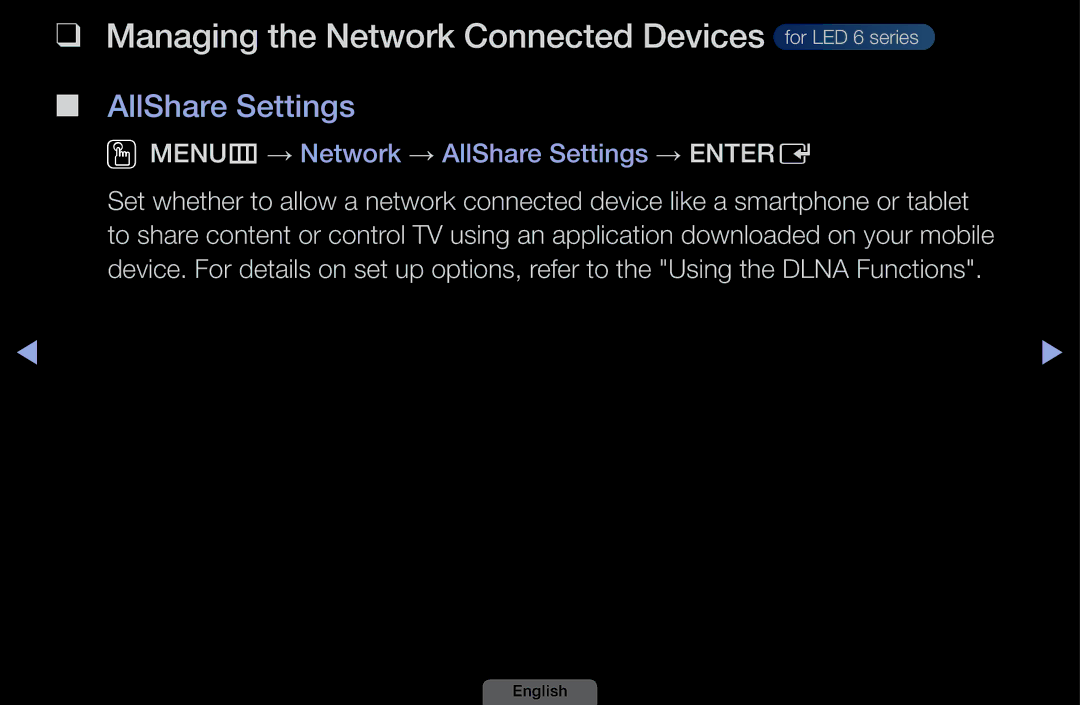 Samsung UA39EH5003MXSQ, UA46EH6030MXSQ manual Managing the Network Connected Devices for LED 6 series, AllShare Settings 