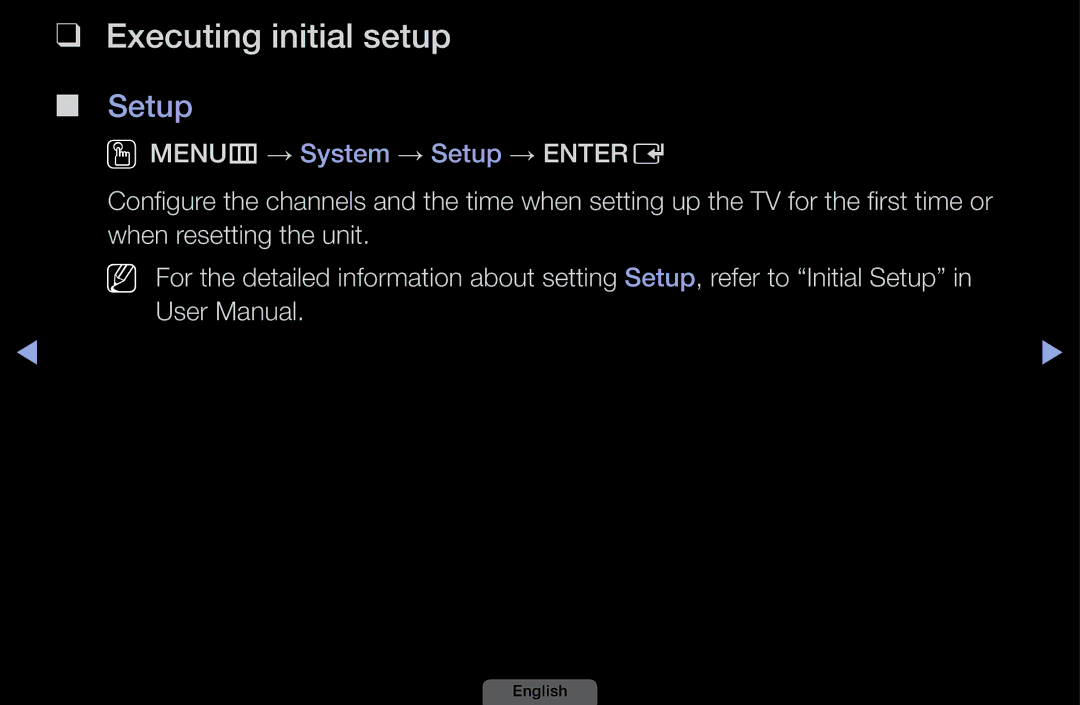 Samsung UA32EH4003MXSQ, UA46EH6030MXSQ, UA40EH6030MXSQ, UA39EH5003MXSQ manual Executing initial setup, Setup 