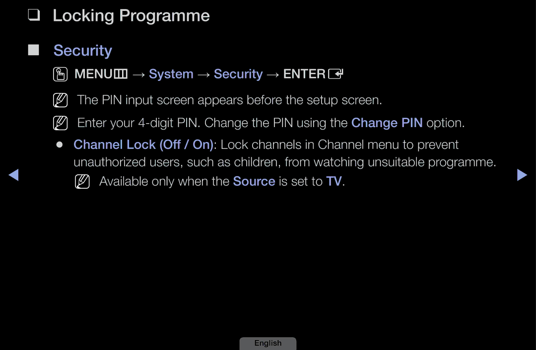 Samsung UA39EH5003MXSQ, UA46EH6030MXSQ manual Locking Programme, Security, NN Available only when the Source is set to TV 