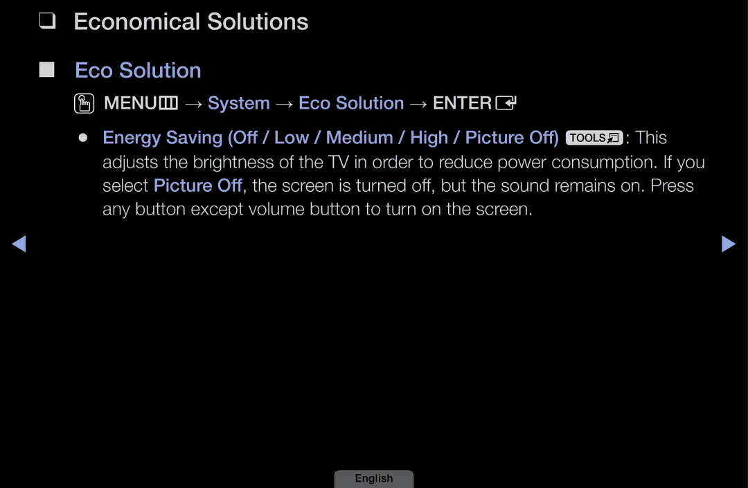 Samsung UA32EH4003MXSQ, UA46EH6030MXSQ, UA40EH6030MXSQ, UA39EH5003MXSQ manual Economical Solutions, Eco Solution 