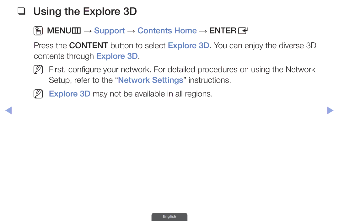 Samsung UA55EH6030RXUM, UA46EH6030RXSK, UA40EH6030RXSK Using the Explore 3D, OOMENUm → Support → Contents Home → Entere 