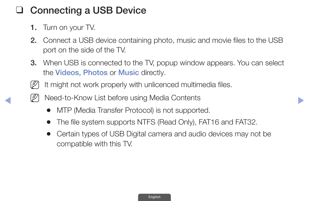 Samsung UA32EH6030RXSK, UA46EH6030RXSK, UA40EH6030RXSK, UA40EH6030RXSJ, UA40EH6030RXZN, UA46EH6030RXZN Connecting a USB Device 