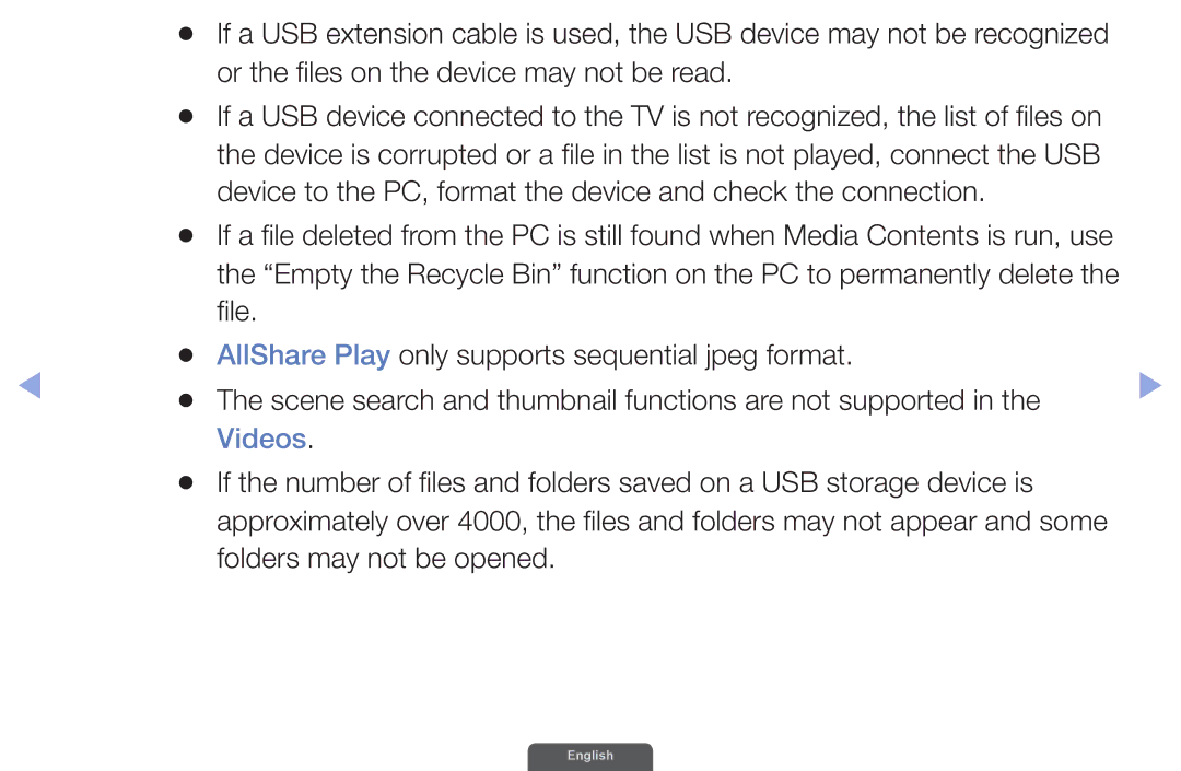 Samsung UA46EH6030RXUM manual Or the files on the device may not be read, Videos, Appear and some Folders may not be opened 