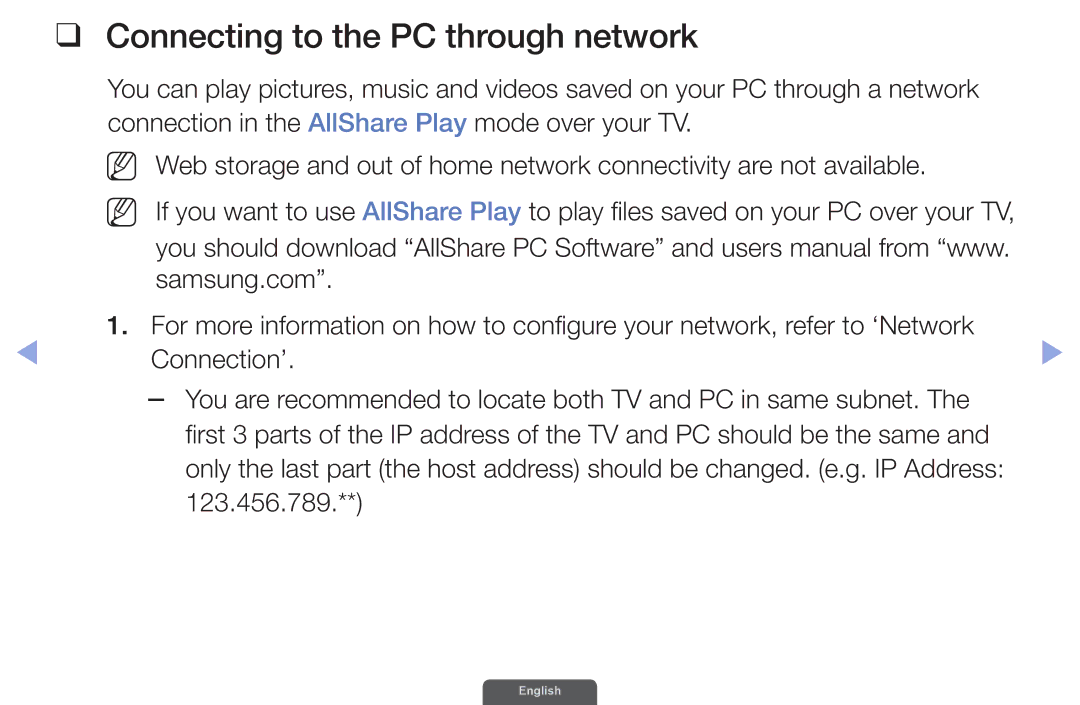 Samsung UA55EH6030RXXV Connecting to the PC through network, Address of the TV and PC should be the same, 123.456.789 