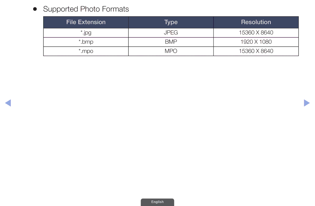 Samsung UA32EH6030RXZN, UA46EH6030RXSK, UA40EH6030RXSK, UA40EH6030RXSJ, UA40EH6030RXZN, UA46EH6030RXZN Supported Photo Formats 