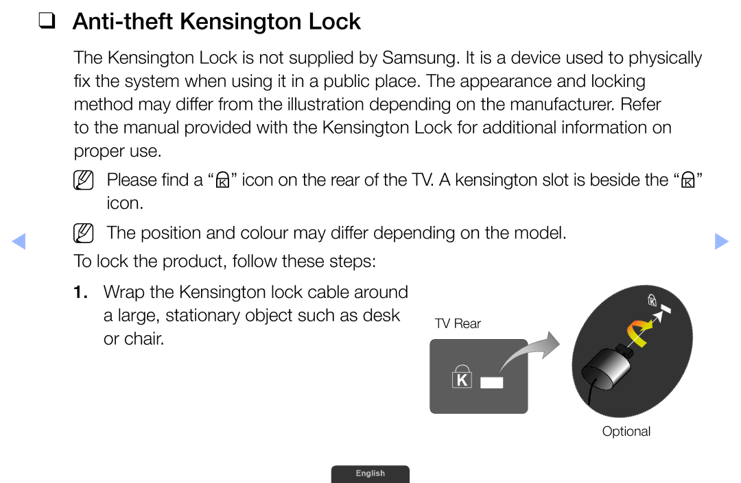 Samsung UA46EH6030RXSK, UA40EH6030RXSK, UA40EH6030RXSJ, UA40EH6030RXZN, UA46EH6030RXZN Anti-theft Kensington Lock, Or chair 