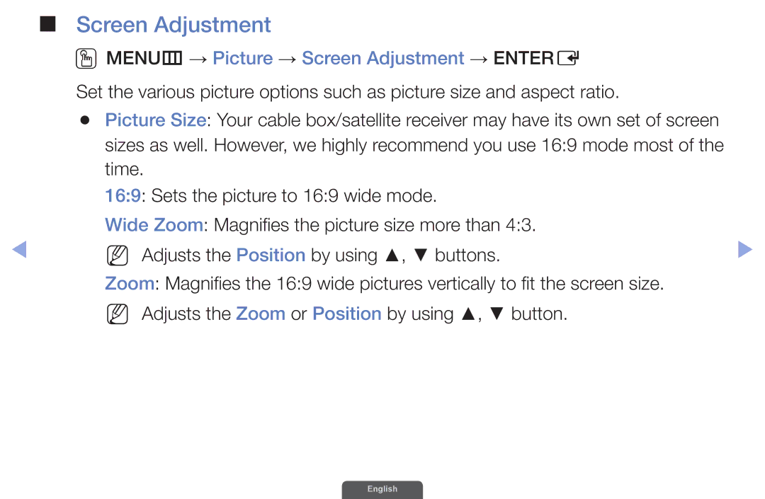 Samsung UA55EH6030RXUM, UA46EH6030RXSK, UA40EH6030RXSK manual OOMENUm → Picture → Screen Adjustment → Entere, Screen size 