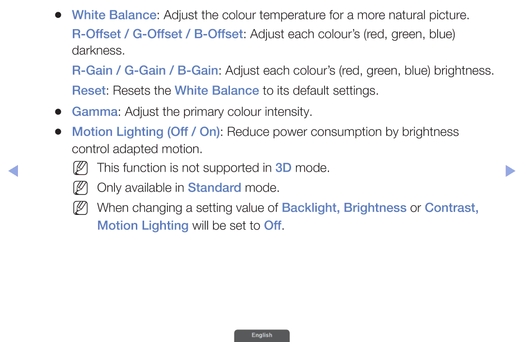 Samsung UA40EH6030RXXV, UA46EH6030RXSK, UA40EH6030RXSK, UA40EH6030RXSJ, UA40EH6030RXZN Motion Lighting will be set to Off 