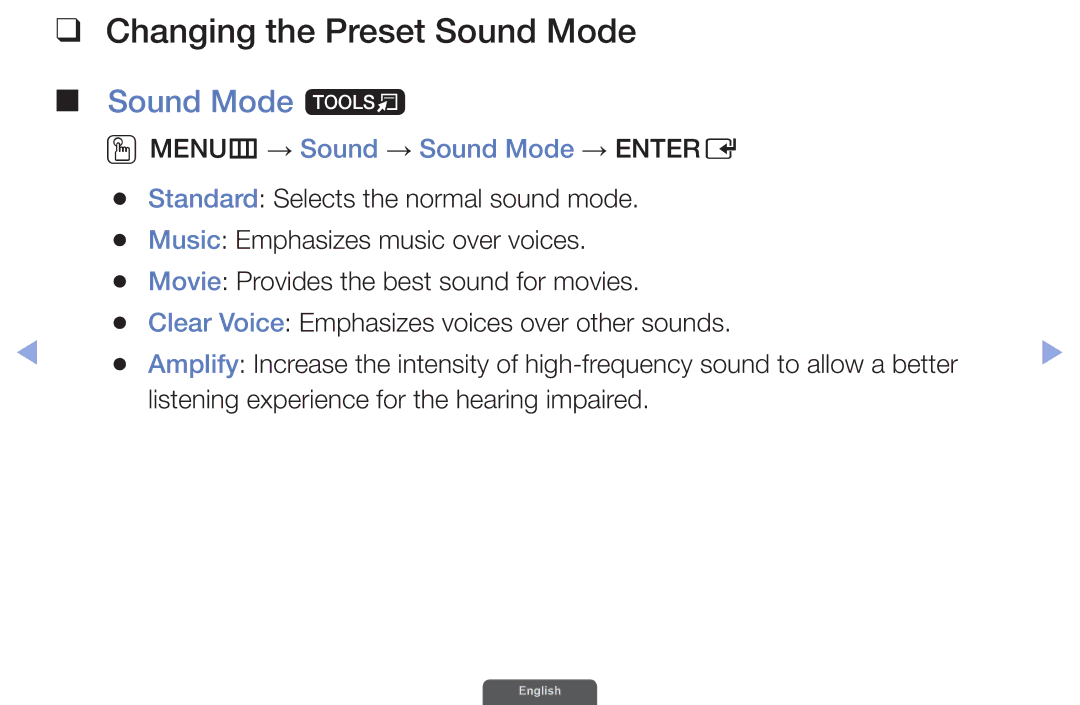 Samsung UA46EH6030RXZN, UA46EH6030RXSK Changing the Preset Sound Mode, Sound Mode t, OOMENUm → Sound → Sound Mode → Entere 