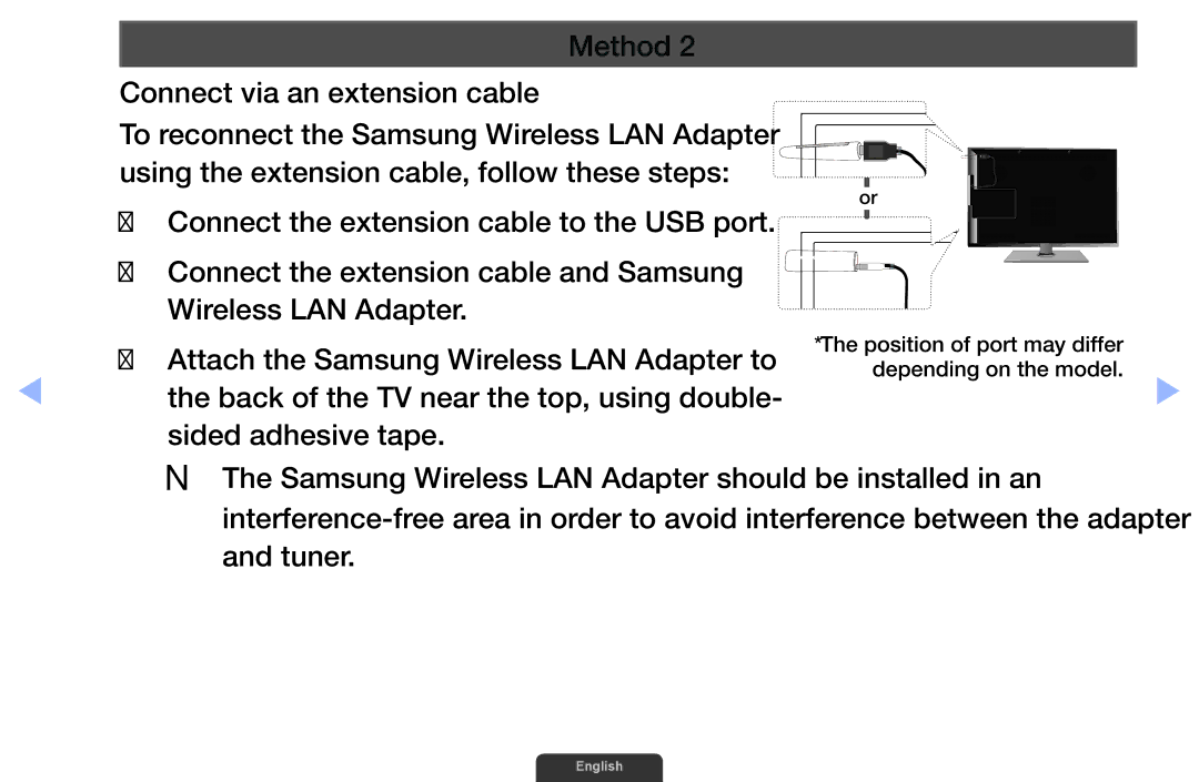 Samsung UA40EH6030RXUM, UA46EH6030RXSK, UA40EH6030RXSK, UA40EH6030RXSJ, UA40EH6030RXZN Method Connect via an extension cable 