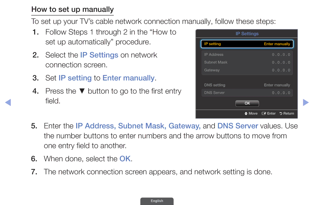 Samsung UA40EH6030RXSJ, UA46EH6030RXSK, UA40EH6030RXSK, UA40EH6030RXZN Set IP setting to Enter manually, Field 