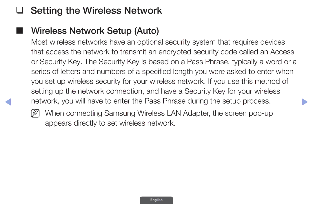 Samsung UA40EH6030RXZN, UA46EH6030RXSK, UA40EH6030RXSK manual Setting the Wireless Network, Wireless Network Setup Auto 