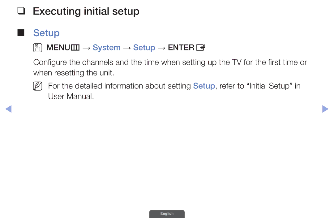 Samsung UA46EH6030RXXV, UA46EH6030RXSK, UA40EH6030RXSK, UA40EH6030RXSJ, UA40EH6030RXZN manual Executing initial setup, Setup 