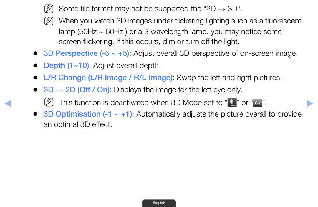 Samsung UA46EH6030RXXV, UA46EH6030RXSK manual NN Some file format may not be supported the 2D → 3D, An optimal 3D effect 