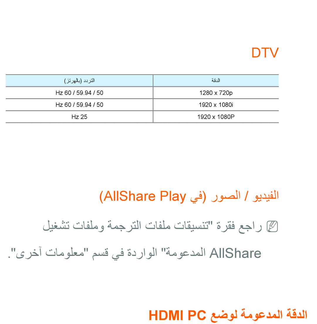 Samsung UA40ES6200WXAB, UA46ES5600WXSH manual ىرخآ تامولعم مسق يف ةدراولا ةموعدملا AllShare, Hdmi PC عضول ةموعدملا ةقدلا 