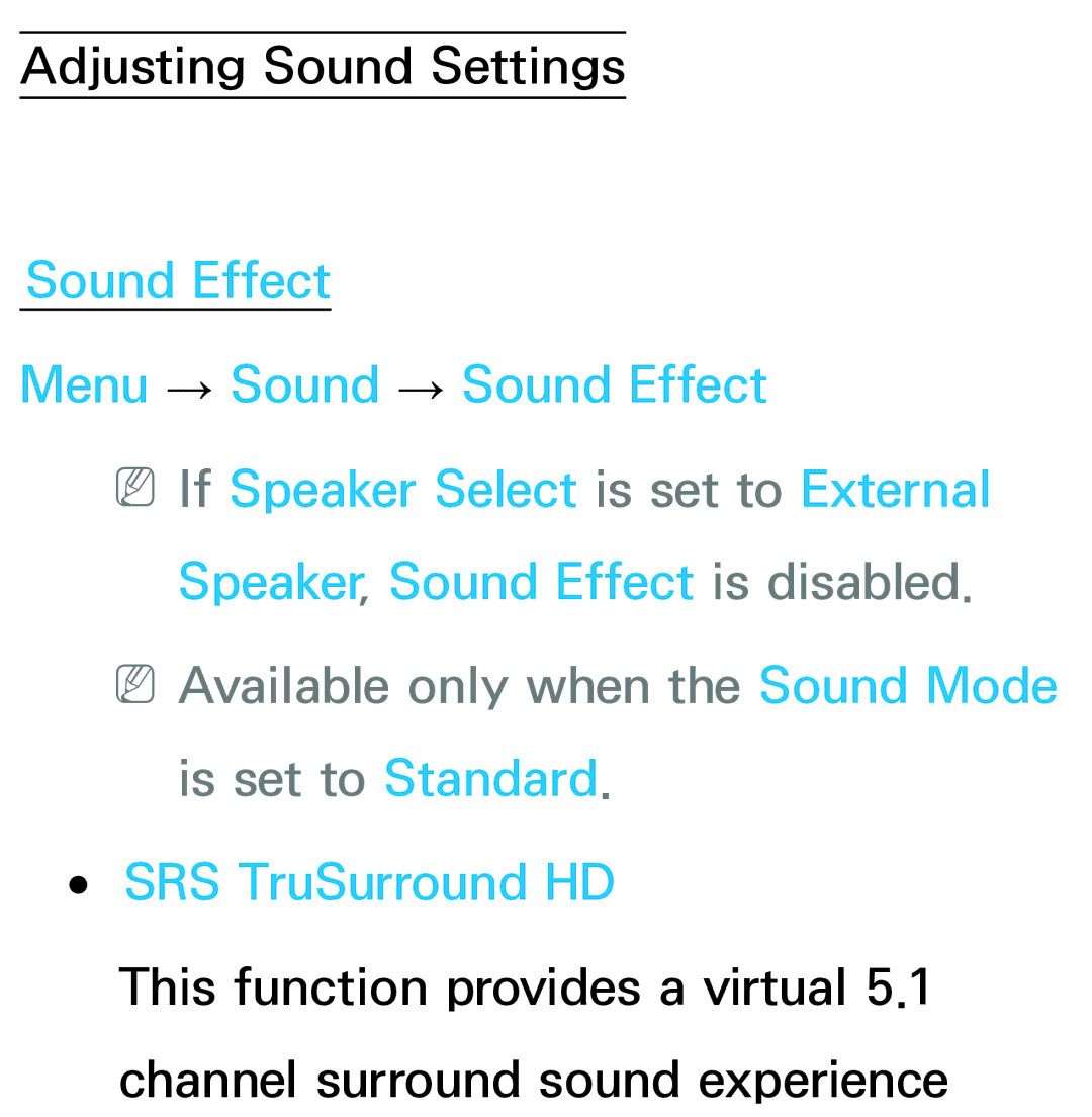 Samsung UA40ES5600MXSQ, UA46ES6900MXSQ manual NNAvailable only when the Sound Mode is set to Standard, SRS TruSurround HD 