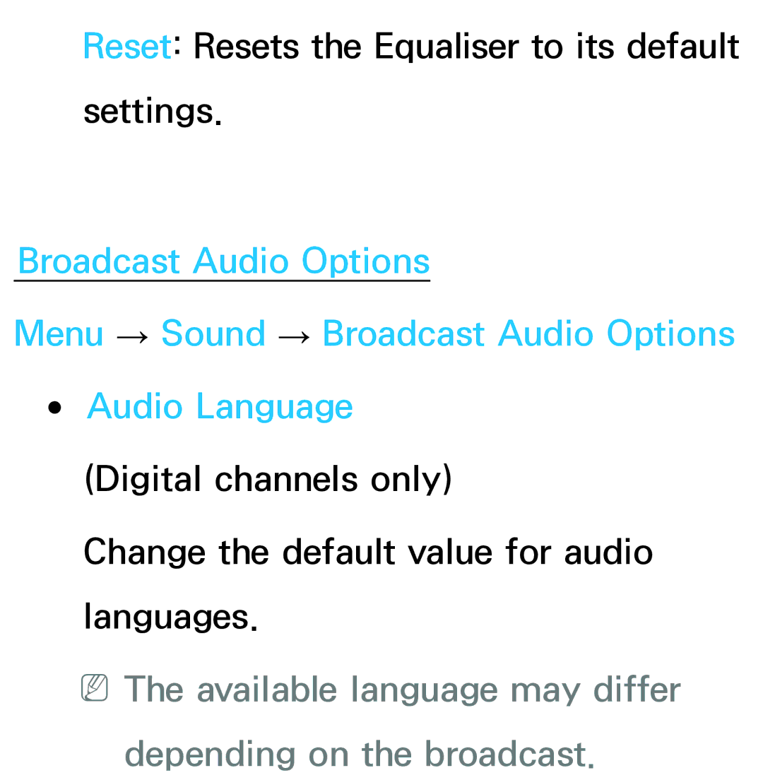 Samsung UA55ES7500MXSQ, UA46ES6900MXSQ, UA55ES6800MXXY, UA40ES5500MXXY Reset Resets the Equaliser to its default settings 