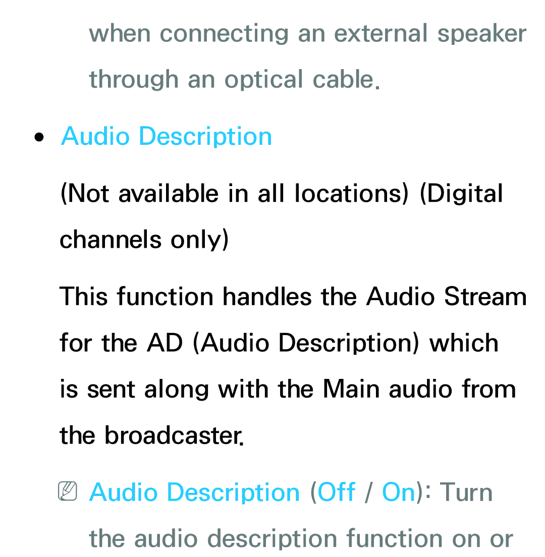 Samsung UA32EH5300MXSQ, UA46ES6900MXSQ manual NNAudio Description Off / On Turn, Audio description function on or 