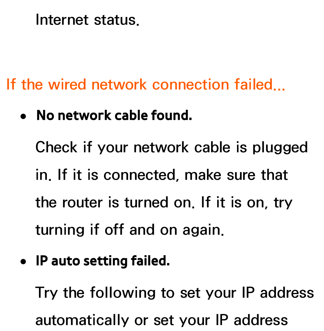 Samsung UA32ES5600MXSQ, UA46ES6900MXSQ, UA55ES6800MXXY manual If the wired network connection failed, No network cable found 