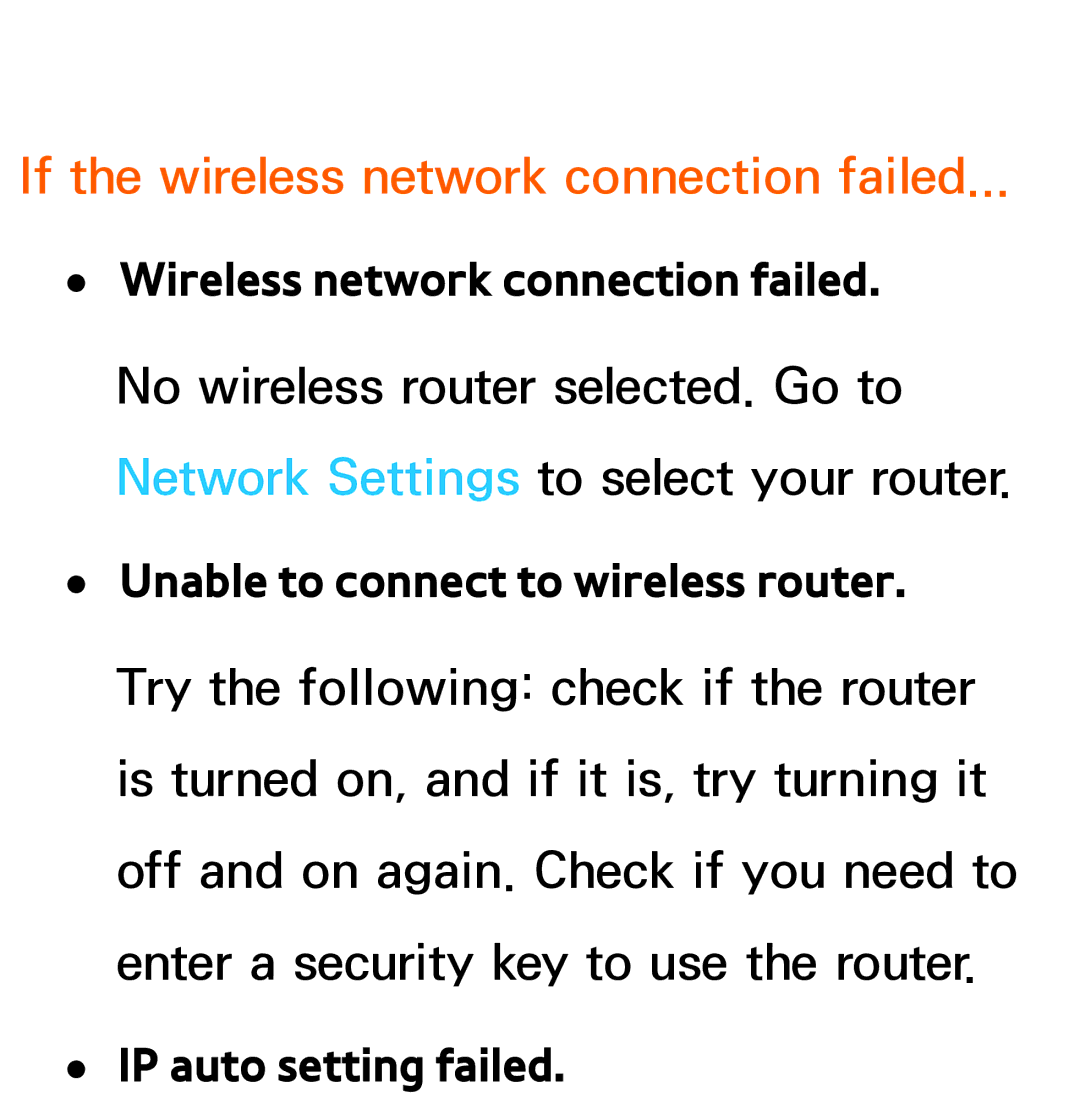 Samsung UA32EH5300MXSQ, UA46ES6900MXSQ If the wireless network connection failed, Unable to connect to wireless router 