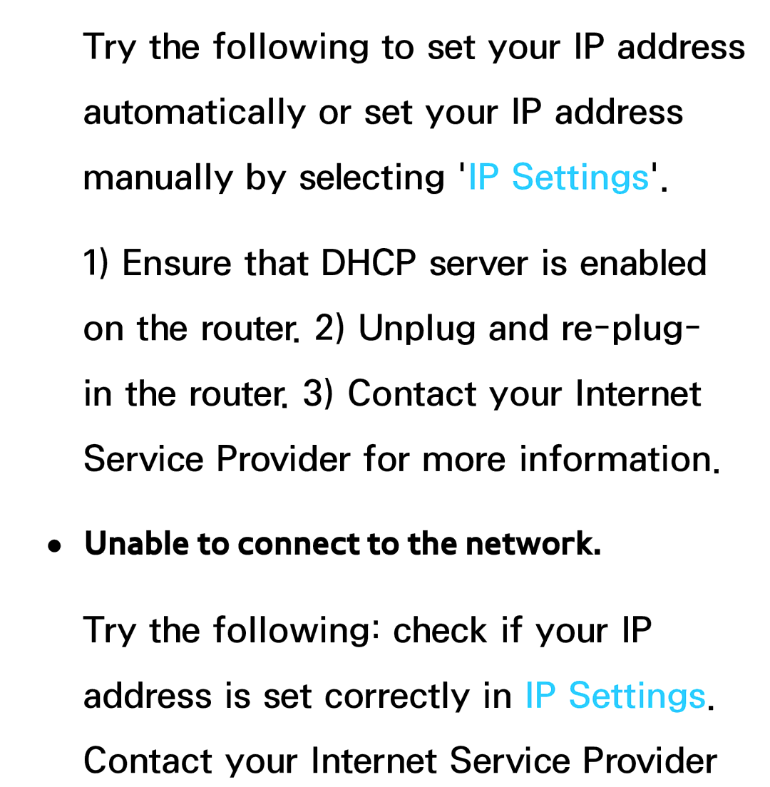 Samsung UA50ES6900MXSQ, UA46ES6900MXSQ, UA55ES6800MXXY, UA40ES5500MXXY, UA55ES6600MXXY manual Unable to connect to the network 