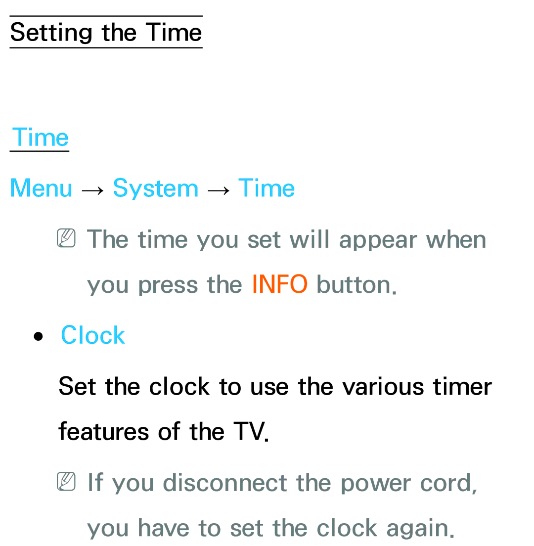 Samsung UA55ES6600MXXY, UA46ES6900MXSQ, UA55ES6800MXXY, UA40ES5500MXXY, UA32ES5600MXSQ manual Time Menu → System → Time, Clock 