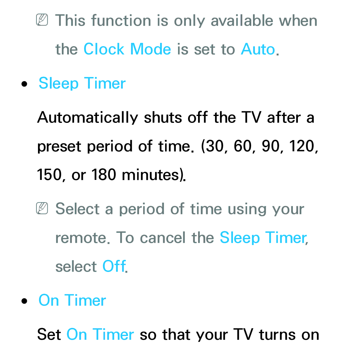 Samsung UA46ES6200MXSQ, UA46ES6900MXSQ, UA55ES6800MXXY, UA40ES5500MXXY, UA55ES6600MXXY, UA32ES5600MXSQ Sleep Timer, On Timer 