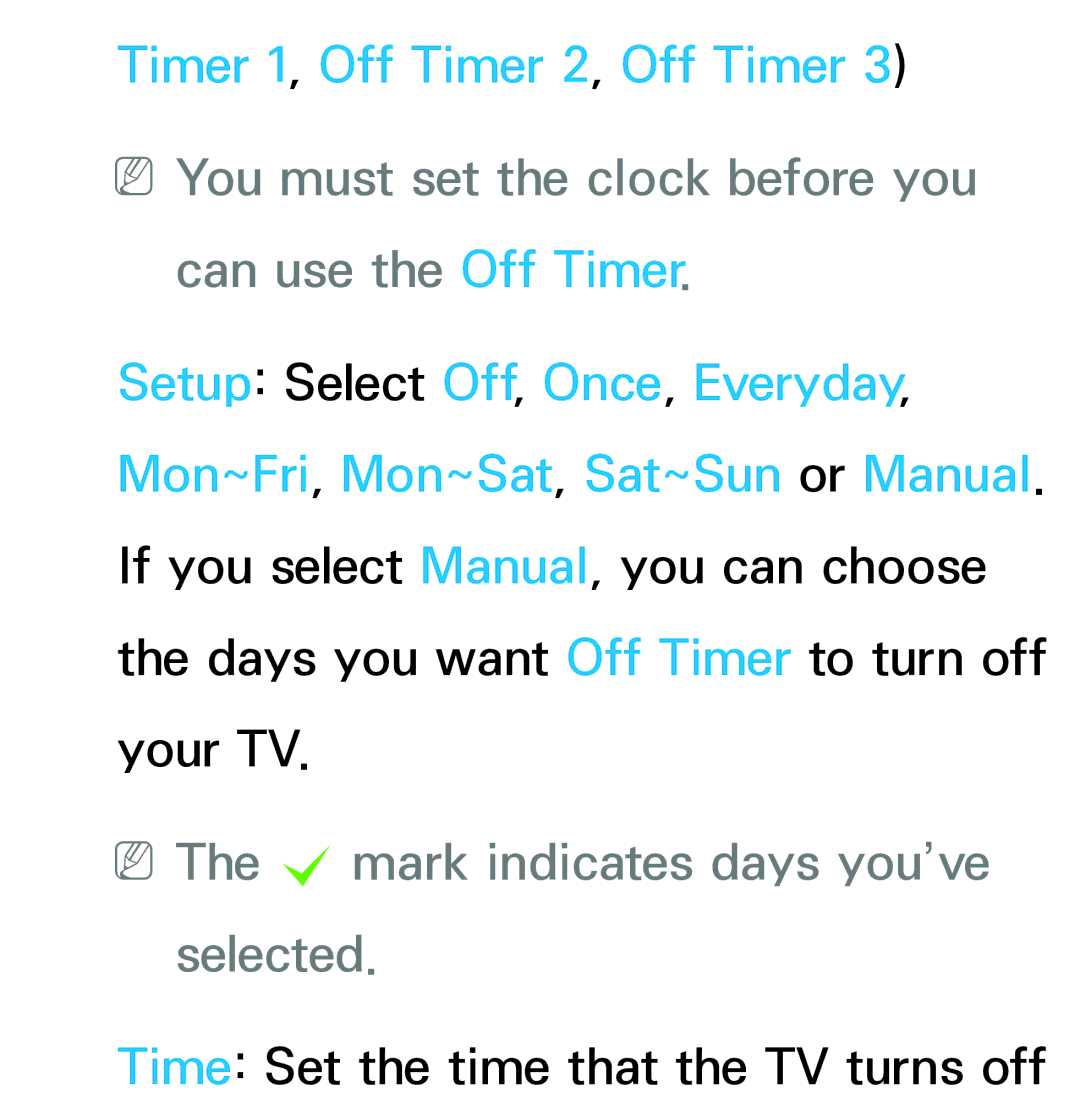 Samsung UA55ES6900MXSQ manual Timer 1, Off Timer 2, Off Timer, NNYou must set the clock before you can use the Off Timer 