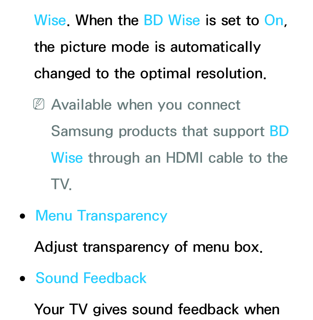 Samsung UA50ES5600MXSQ, UA46ES6900MXSQ, UA55ES6800MXXY, UA40ES5500MXXY, UA55ES6600MXXY manual Menu Transparency, Sound Feedback 