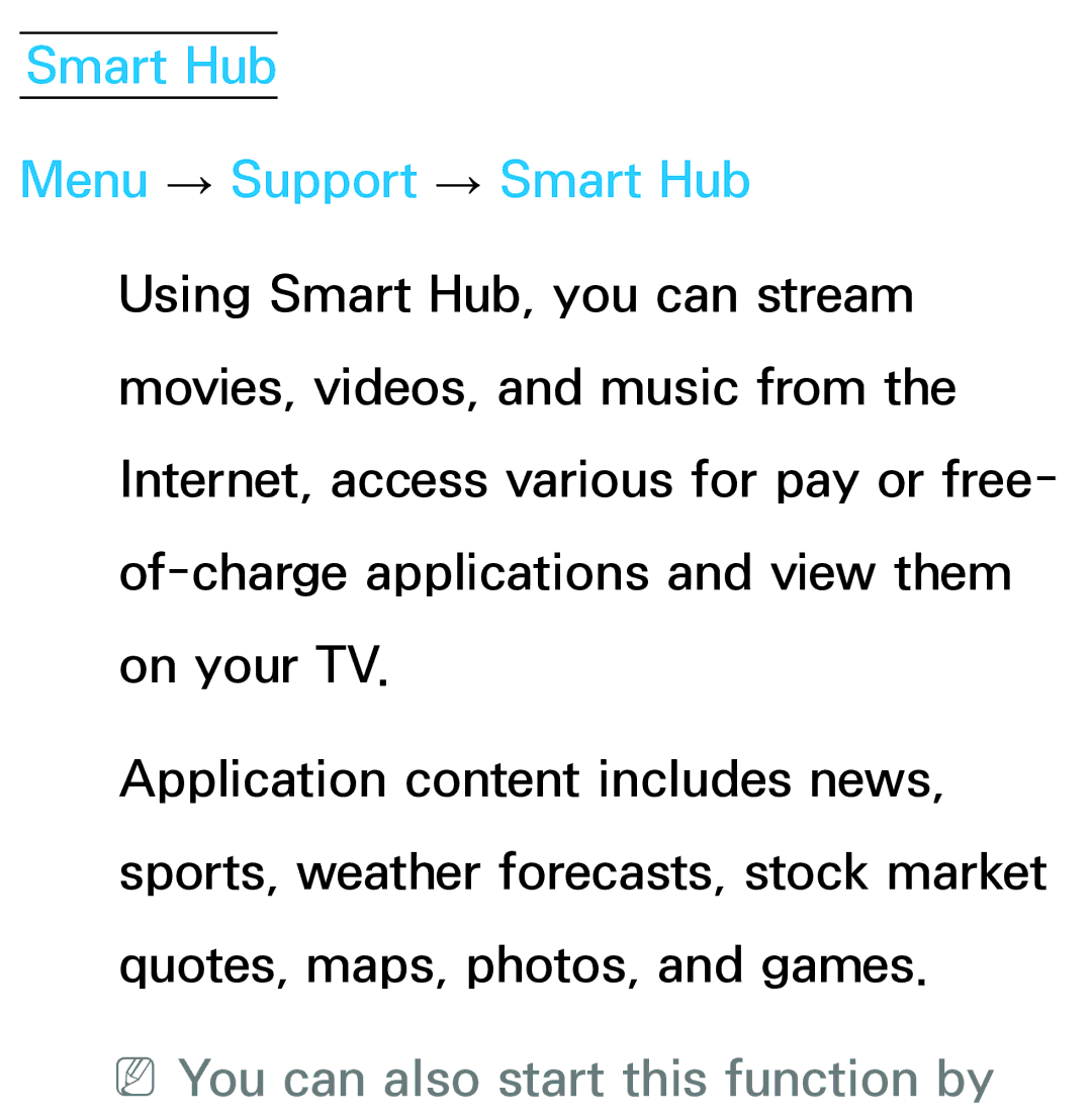 Samsung UA46ES5600MXSQ, UA46ES6900MXSQ manual Smart Hub Menu → Support → Smart Hub, NNYou can also start this function by 