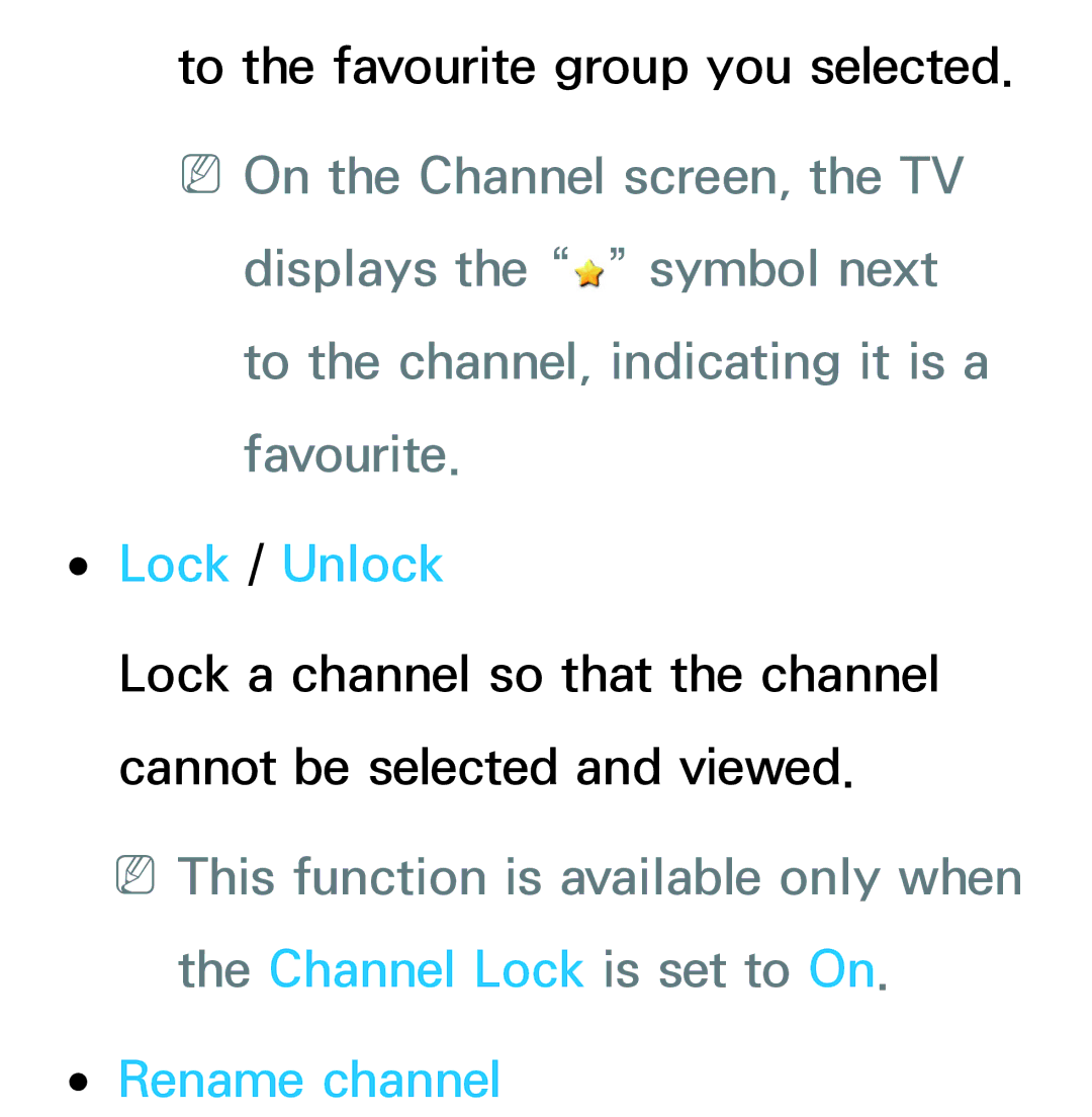 Samsung UA55ES7500MXSQ, UA46ES6900MXSQ, UA55ES6800MXXY, UA40ES5500MXXY, UA55ES6600MXXY manual Lock / Unlock, Rename channel 