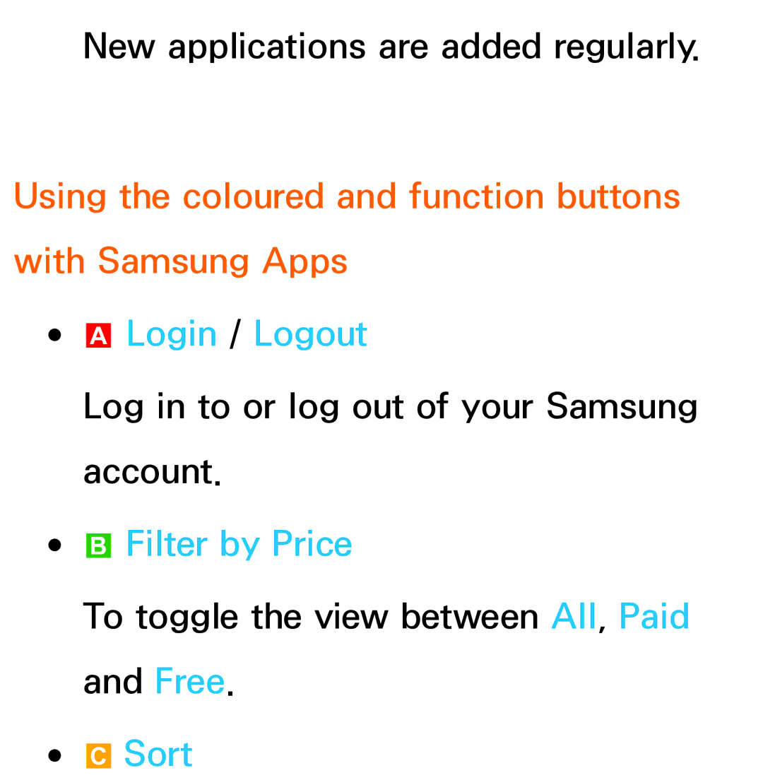 Samsung UA46ES6200MXSQ, UA46ES6900MXSQ Using the coloured and function buttons with Samsung Apps, Filter by Price, Sort 