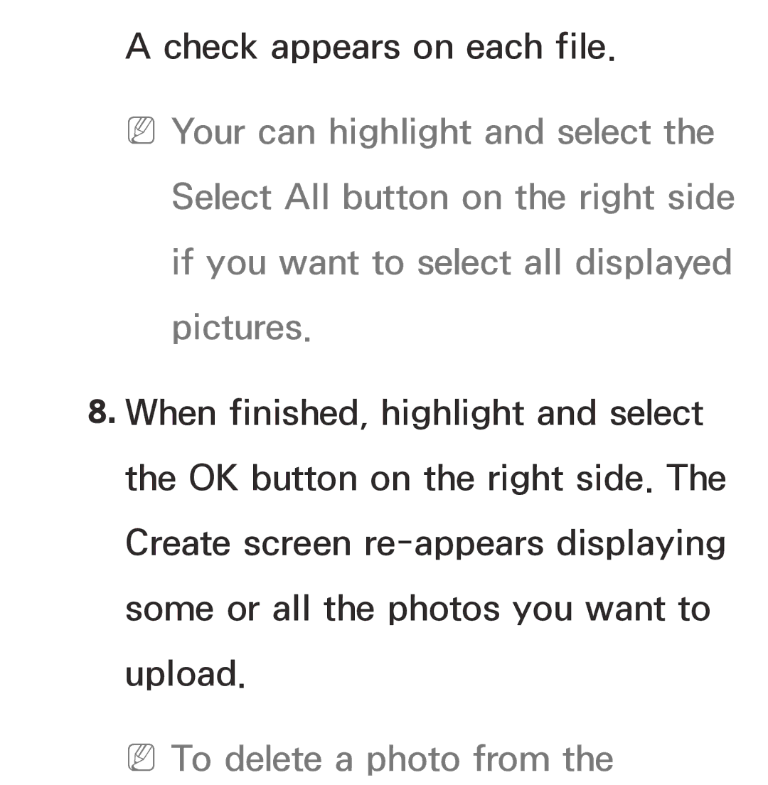 Samsung UA50ES6900MXSQ, UA46ES6900MXSQ, UA55ES6800MXXY, UA40ES5500MXXY, UA55ES6600MXXY manual NNTo delete a photo from 