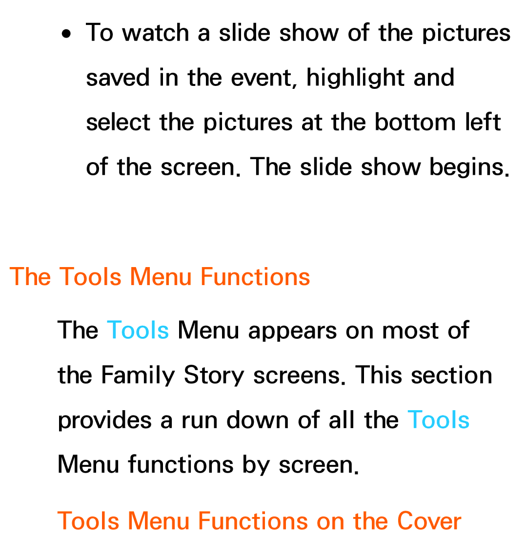 Samsung UA55ES6800MXXY, UA46ES6900MXSQ, UA40ES5500MXXY, UA55ES6600MXXY, UA32ES5600MXSQ Tools Menu Functions on the Cover 