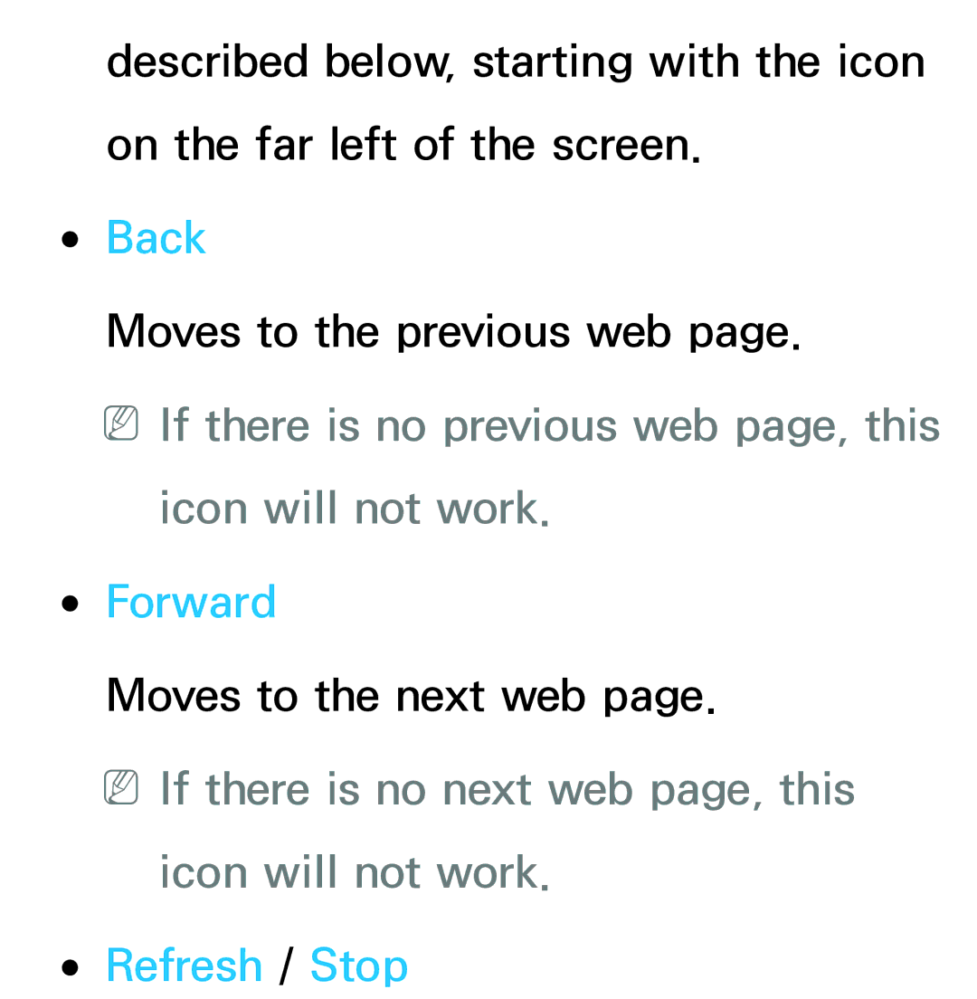 Samsung UA55ES6800MXSQ manual Back, NNIf there is no previous web page, this icon will not work, Forward, Refresh / Stop 