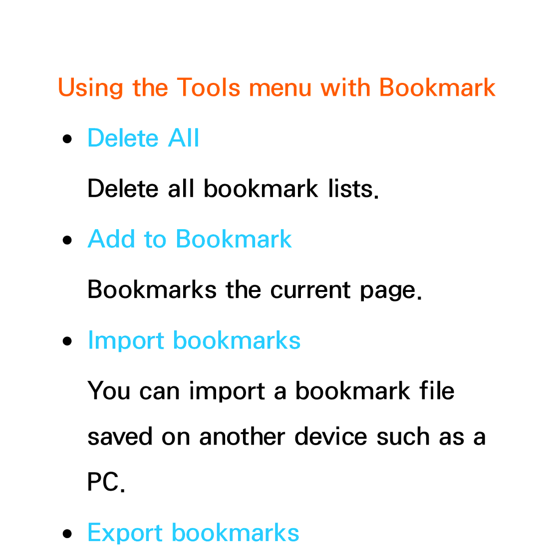 Samsung UA55ES6800MXXY, UA46ES6900MXSQ, UA40ES5500MXXY manual Using the Tools menu with Bookmark Delete All, Export bookmarks 