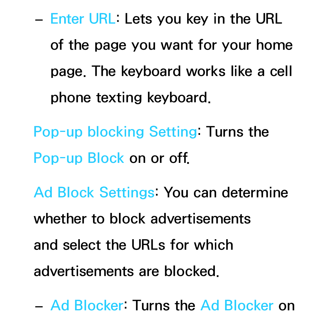 Samsung UA46ES6800MXSQ manual Pop-up blocking Setting Turns the Pop-up Block on or off, Ad Blocker Turns the Ad Blocker on 