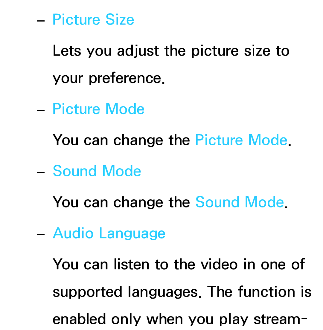 Samsung UA50ES6200MXSQ, UA46ES6900MXSQ, UA55ES6800MXXY, UA40ES5500MXXY manual Picture Mode, Sound Mode, Audio Language 