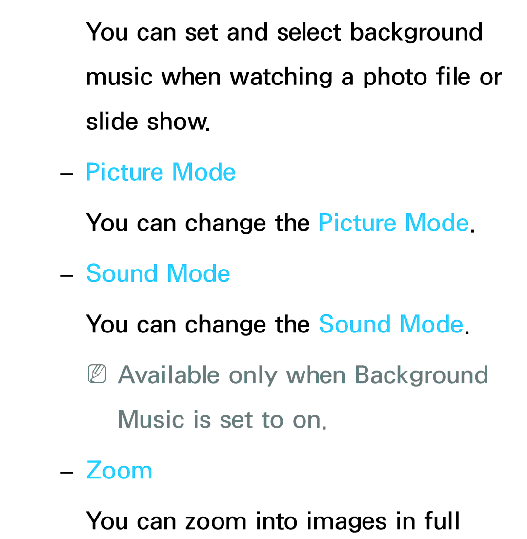 Samsung UA55ES6200MXSQ, UA46ES6900MXSQ, UA55ES6800MXXY, UA40ES5500MXXY, UA55ES6600MXXY manual Picture Mode, Music is set to on 